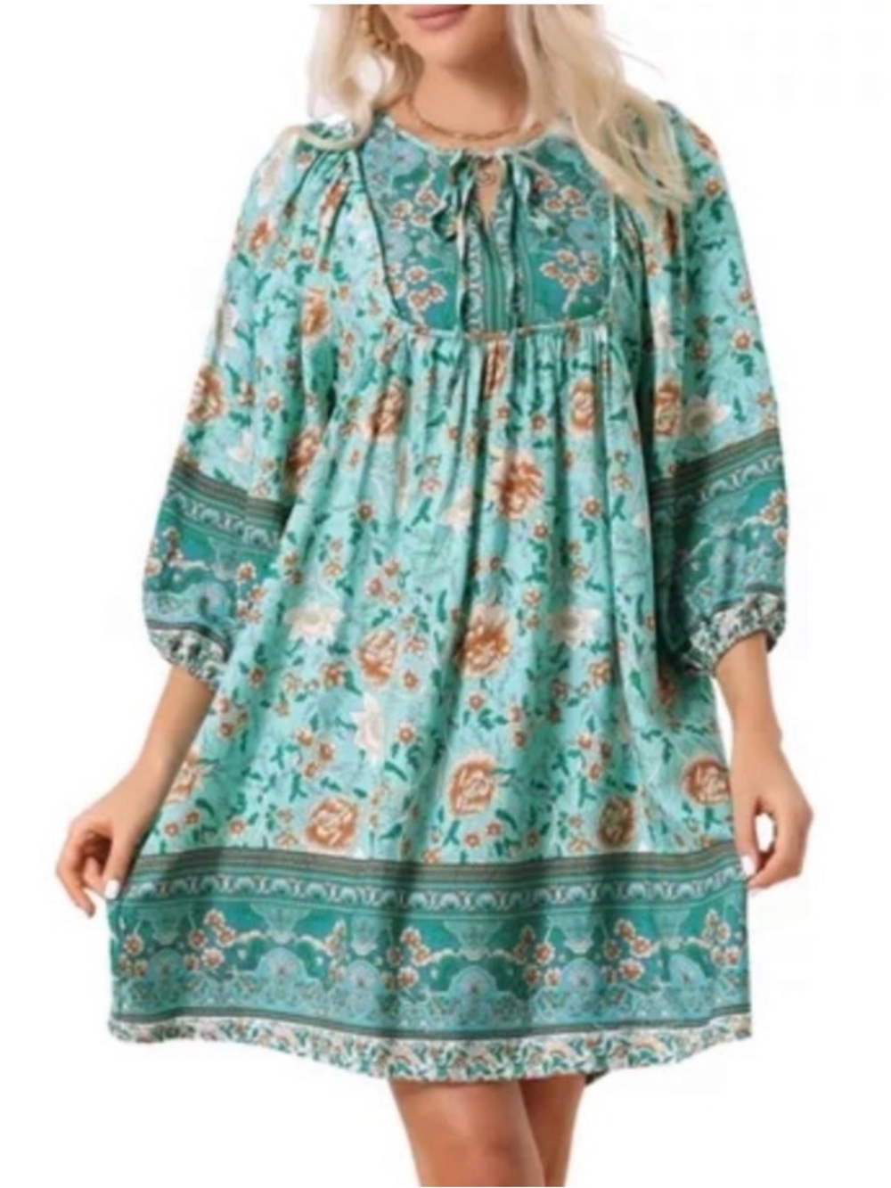 Qearal Floral Teal and Cream Boho dress